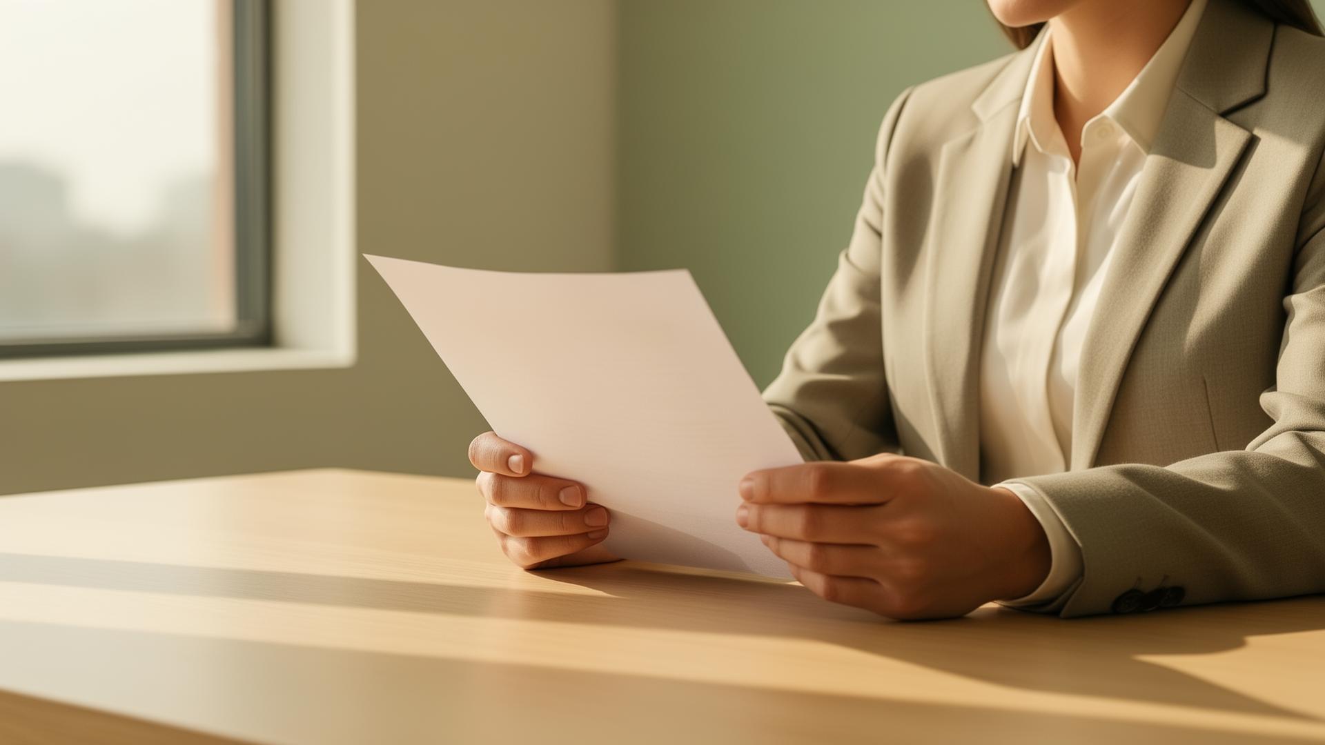 A composed professional reviewing a single sheet of paper at a sunlit desk